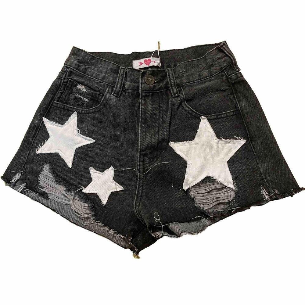 Black Distressed Denim Cut Off Short‎ Embellished W/Stars Patriotic NWT 24